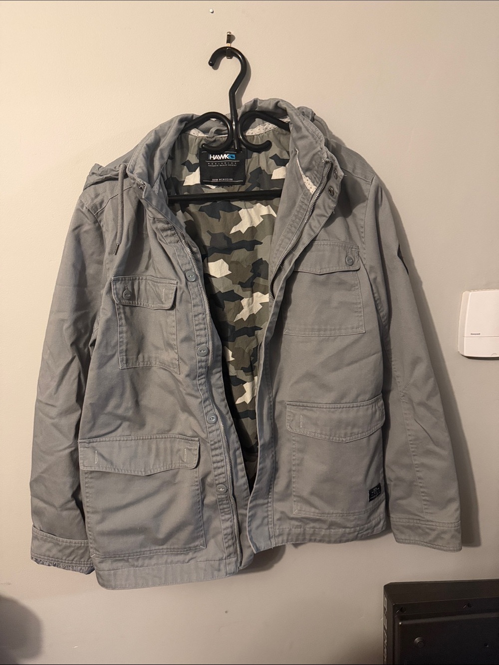 Tony Hawk Gray Hooded Military Field Jacket with Camo Lining